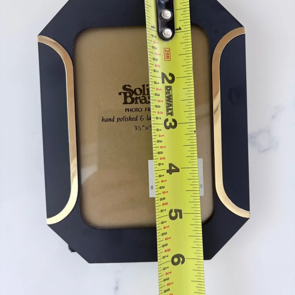 Vintage Solid Brass Black Lacquer Octagon Picture Frame 3.5x5 Art Deco Style